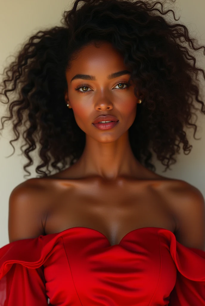 A mixed-race French Indian woman, 22 years old she has green eyes and black curly hair, elle a les trait fin européen et elle est grande et fine 1m70. Elle est mannequin, she is lighter skinned. She is in a flowing red dress, elle est métisse 