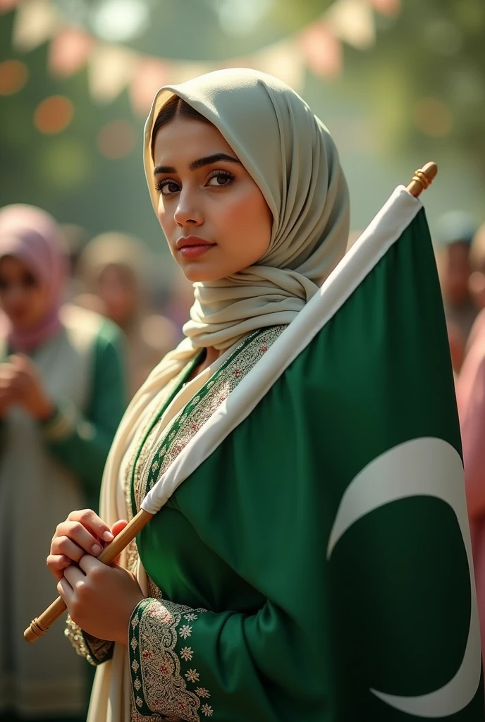 Create a profile picture with hijab  girl she's were a drss green and white and in hand Pakistani falg and write tha  Name on flag in (Shamaim khan ) ..or background happy independence day.. 