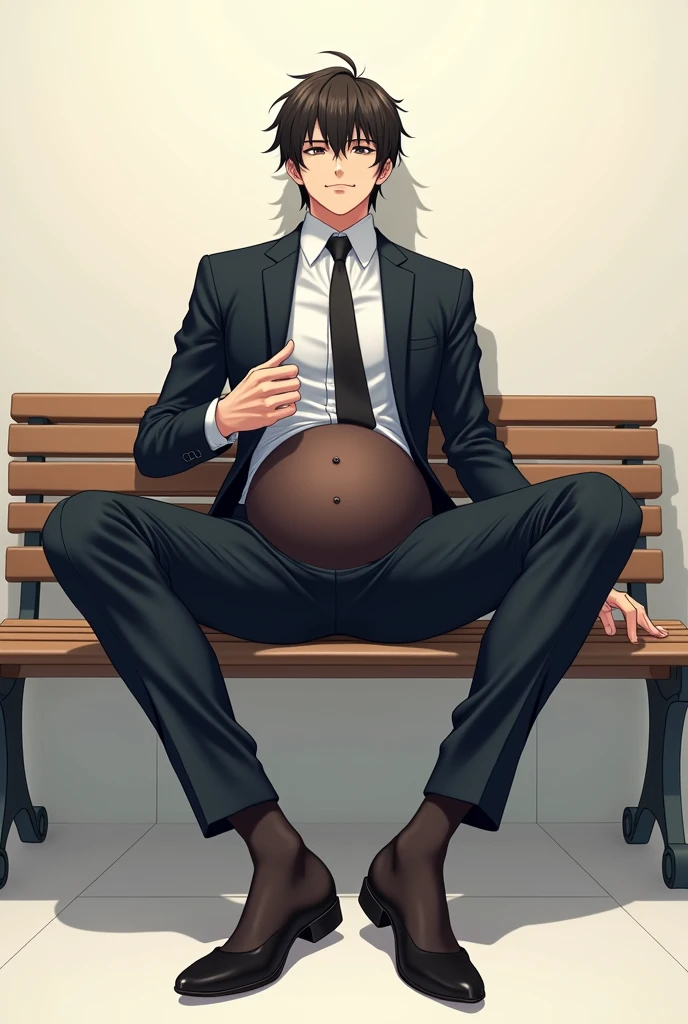 anime art: a suited guy wearing black transparent sheer socks manspreading on a bench, big bulge