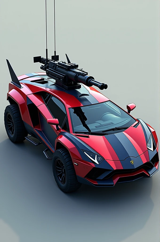 A Lamborghini Aventador merged with an M1126 Stryker 1/72 in dark red and blue, with a cannon on top, 8 tires and tinted windows