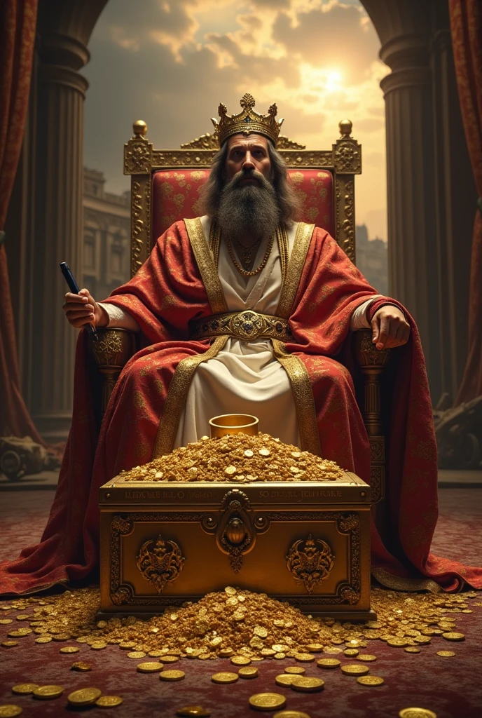 The regally dressed King Solomon, with his crown slightly tilted and his brow furrowed, sits on a throne of glittering gold studded with precious stones. His once full treasure chest in front of him is now almost empty, save for a few scattered gold coins and a single ring sitting on top of the pile. The ring, a simple silver hoop, is engraved with the inscription: “Everything shall pass, so shall this pass.” Shadows of former wealth loom in the background - majestic tapestries with fading threads, a deserted market square with overturned grain carts and a distant cityscape tinged with despair. His royal robe is torn at the edges, and his usually pristine beard shows signs of neglect. In his left hand he holds a pen over a scroll on which the prices of the jewelry he sold are indicated. His right hand is extended, grasping the ring tightly, as if drawing strength from its ancient wisdom. His eyes, full of determination, are fixed on the horizon, where a streak of sunlight pierces the clouds, symbolizing the hope that lies beyond the current crisis. The stage is bathed in a soft, warm light that casts long shadows, suggesting that the darkest moments occur before dawn. The stark contrast between the wealth of his surroundings and his own diminished fortune underscores the gravity of his decision to sell his wealth for the survival of his people. The overall mood is one of solemnity mixed with resilience, emphasizing the universal message that even in difficult times there is always a way forward.