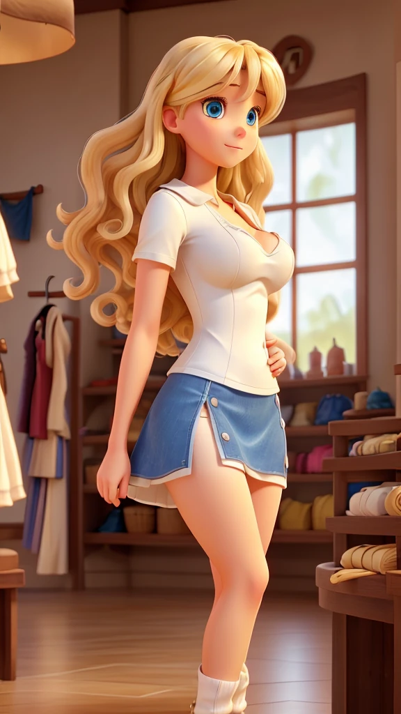 a young woman, hair down to the middle of her back, curly and blonde. she has blue eyes. She wears a white mini skirt and a boob tube. she has big breasts. She is in front of an expensive clothing store. there are men in suits at the door. They are security guards.