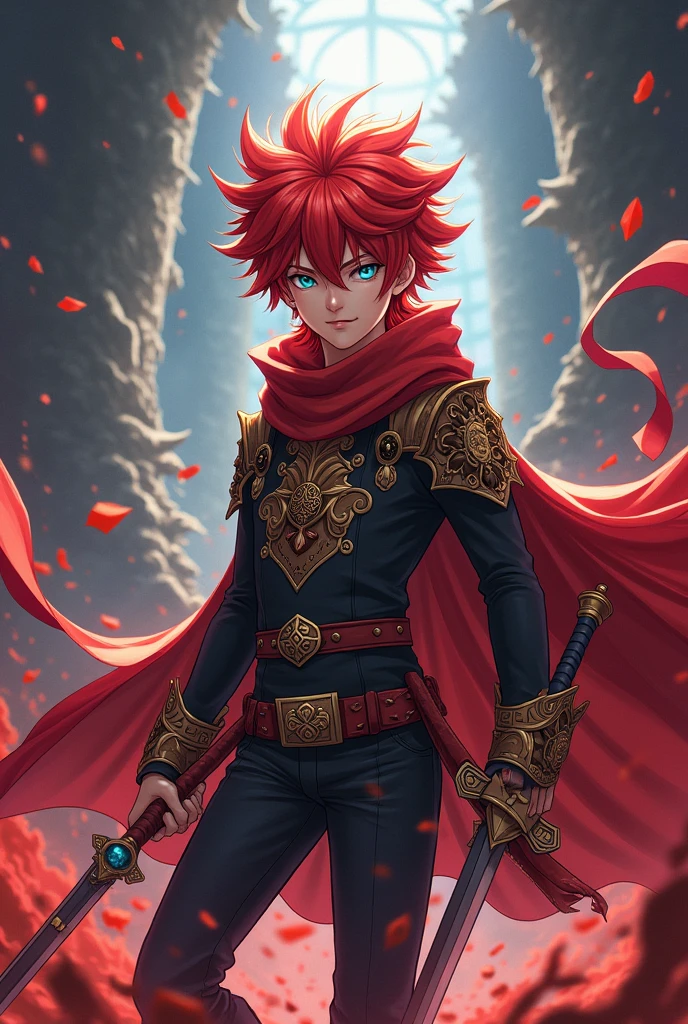 ((best qualityer)), ((work of art)), (detailded), 1 boy of , with red hair, with a Grimoire and a sword, no mundo de black clover, ((inspirado em black clover))