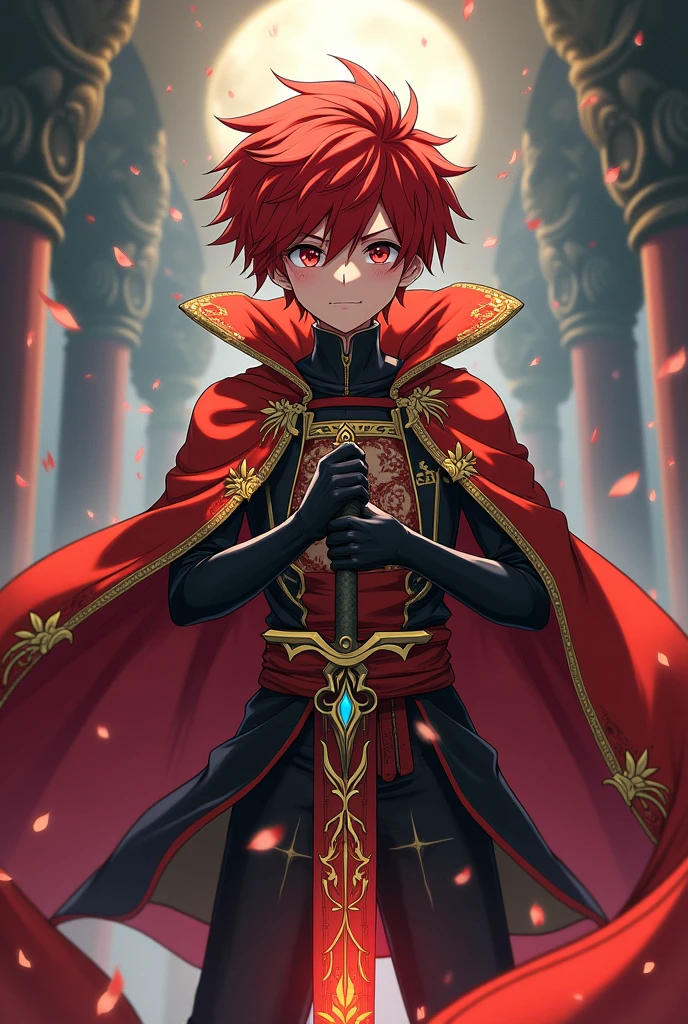 ((best qualityer)), ((work of art)), (detailded), 1 boy of , with red hair, with a Grimoire and a sword, no mundo de black clover, ((inspirado em black clover)) 