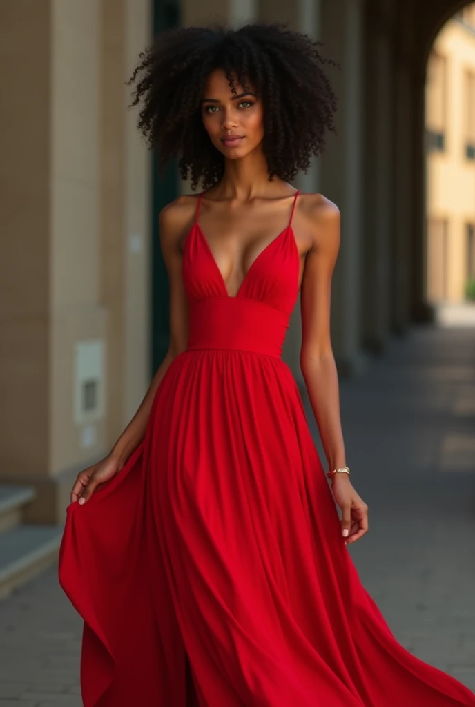 A mixed-race French Indian woman, 22 years old she has green eyes and black curly hair, elle a les trait fin européen et elle est grande et fine 1m70. Elle est mannequin, she is lighter skinned. She is in a flowing red dress, elle est métisse clair de peau 