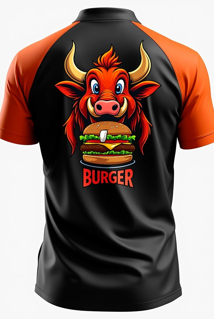 Design a uniform for my burger restaurant called 402 BURGER in black and orange, with the head of an animated buffalo or wild boar printed on the back of the shirt happily biting into a hamburger and on the front our 402 BURGER logo