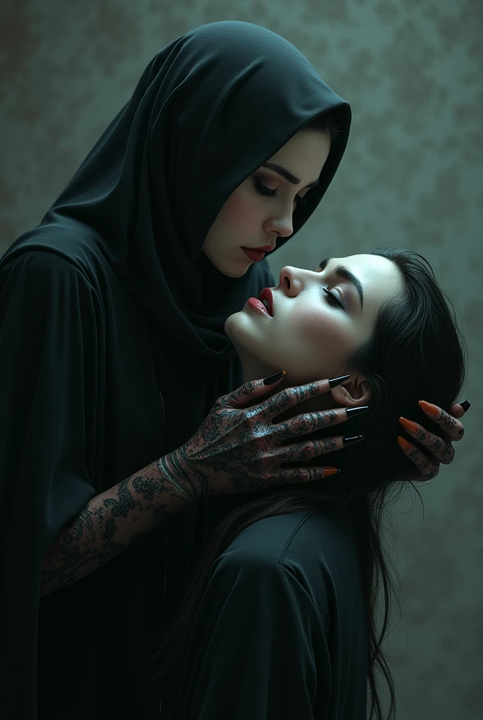 A vampire woman a hijab wearing nail gloves is strangling a woman's neck