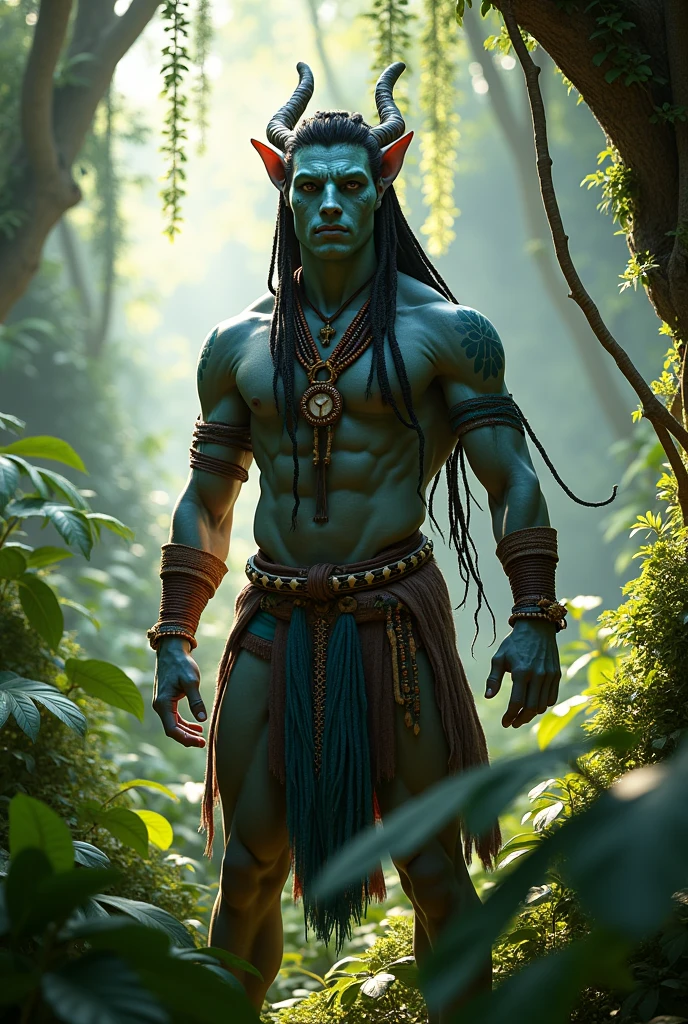 An Na'vi male in the jungle with Na'vi clothing and accessories