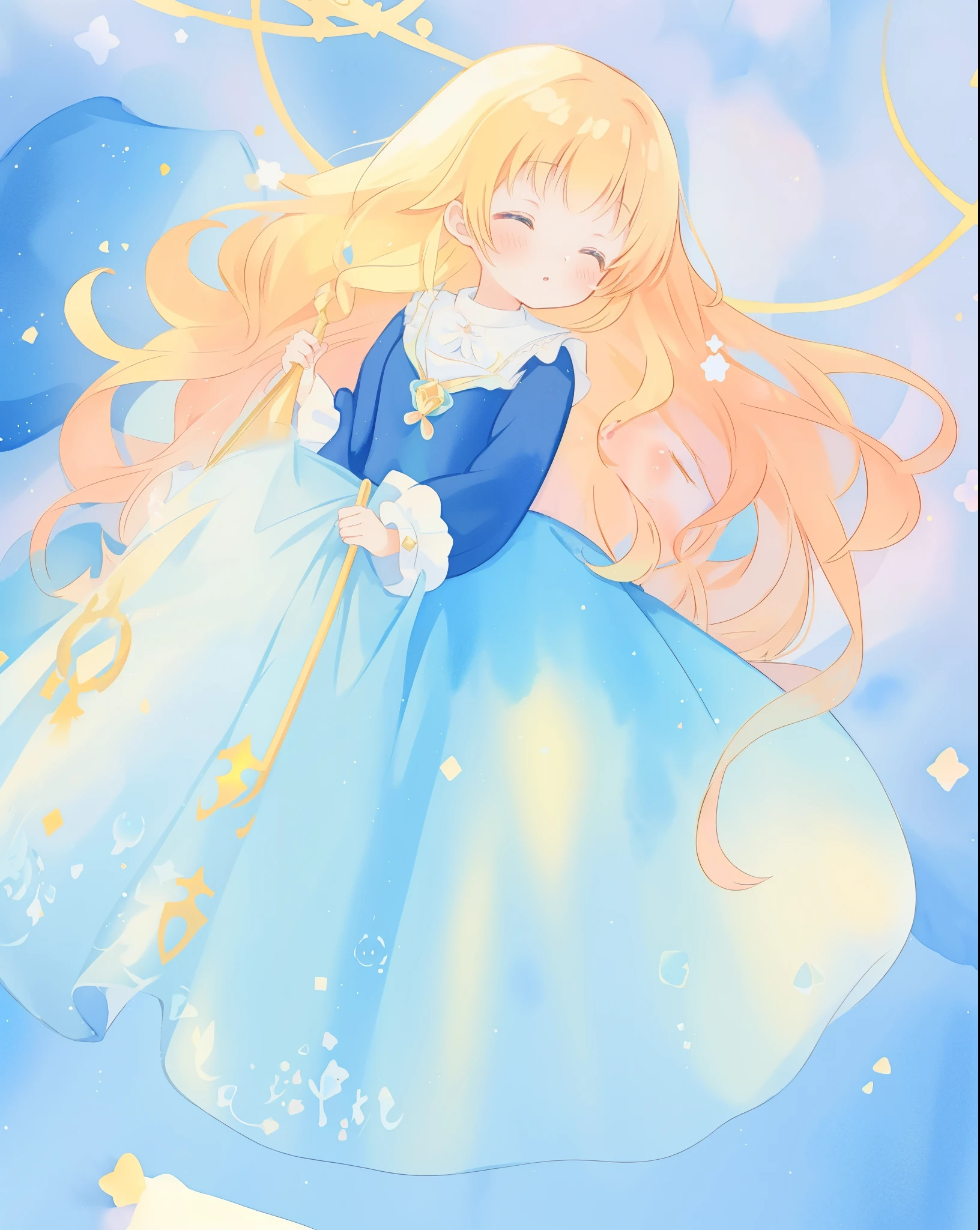 beautiful girl in a gradient blue princess ballgown with puffy long sleeves, long flowing gold peach hair, liquid theme, colorful fantasia background, watercolor illustration, disney art style, beautiful digital illustration, beautiful, masterpiece, best quality, anime disney style, beautiful face