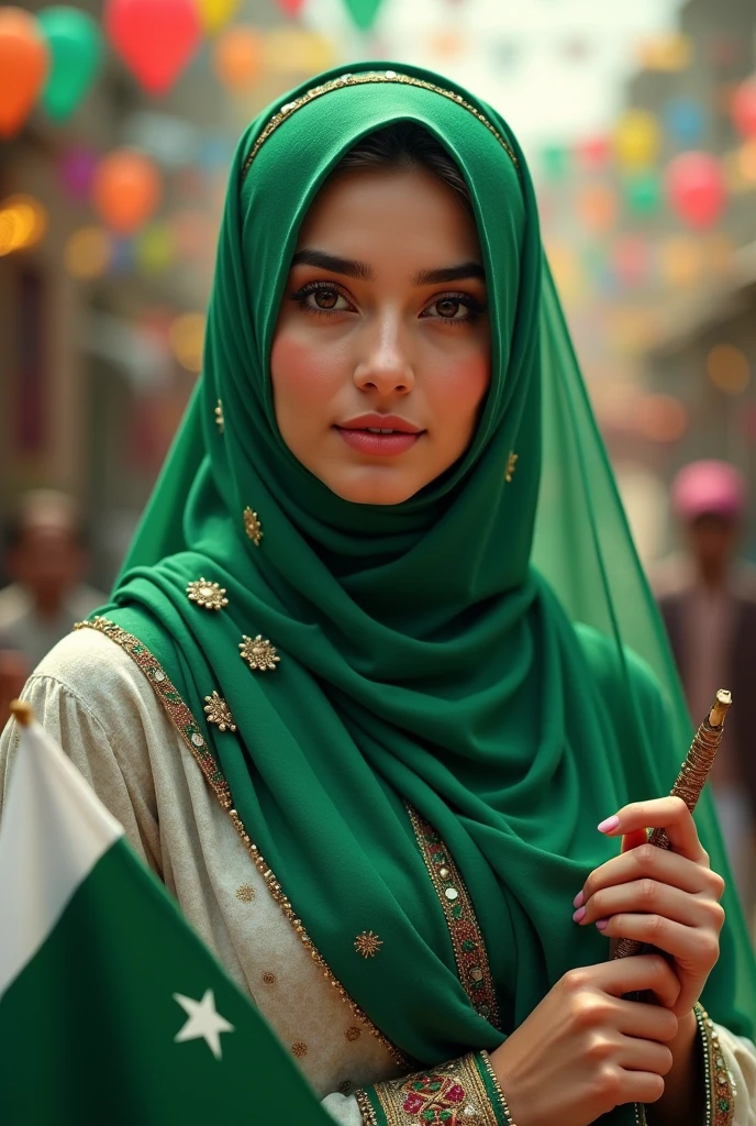 Create a profile picture with hijab  girl she's were a drss green and white and in hand Pakistani falg and write tha  Name on flag in (Shamaim khan ) ..or background happy independence day.. 