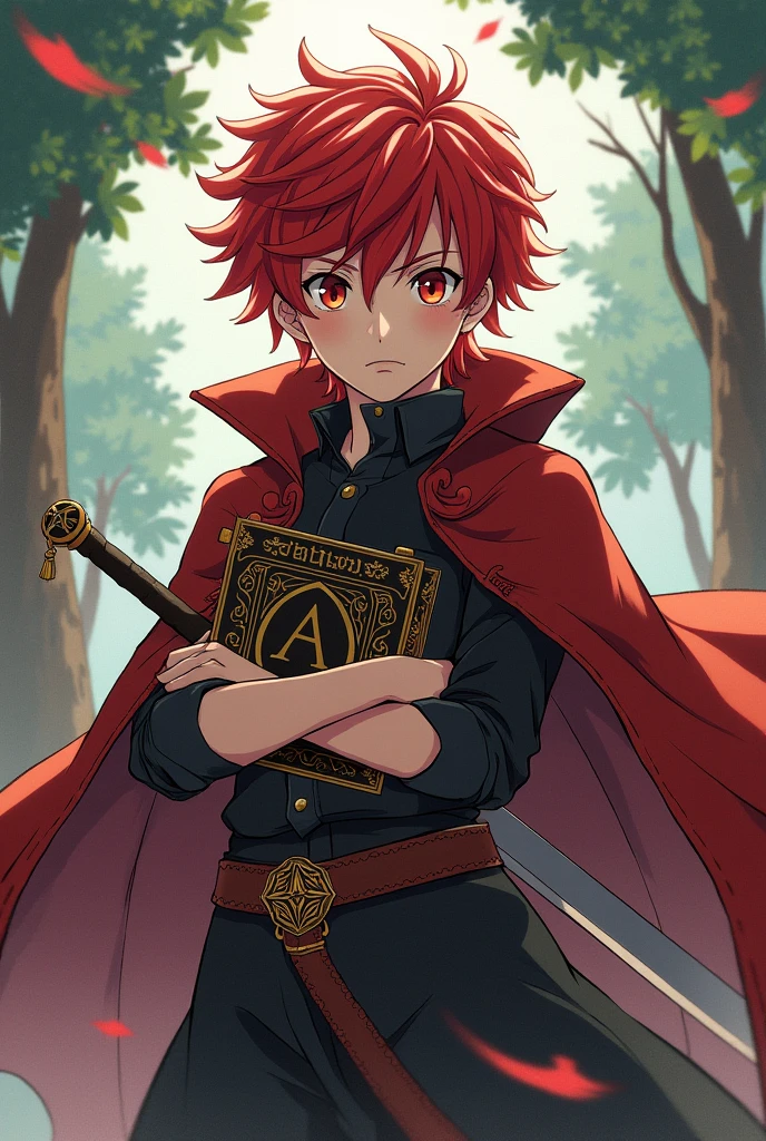 ((best qualityer)), ((work of art)), (detailded), 1 boy of , with red hair, with a Grimoire and a sword, no mundo de black clover, ((inspirado em black clover))