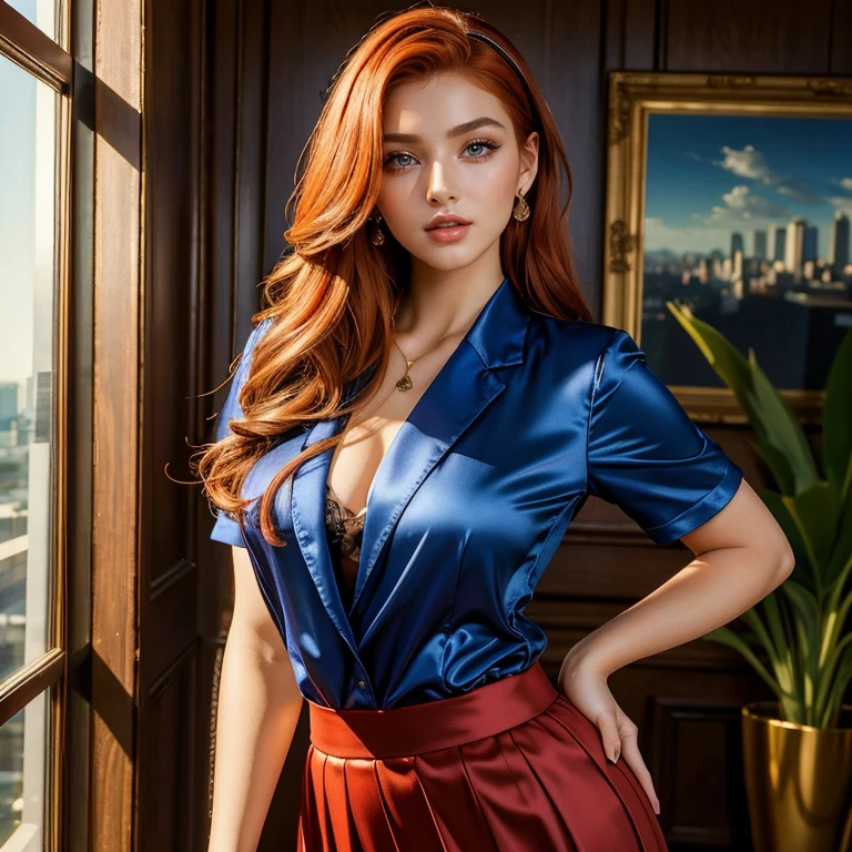 (​masterpiece, best quality:1.5), highest quality, High resolution, super detailed, Realists, Full body photo of a red-haired 22-year-old woman, detailed and beautiful eyes, beautiful detailed lips, very detailed eyes and face, longeyelashes, 22 year old woman in an office outfit, Beautiful and colorful makeup, elegant and noble々Pose,shiny satin headband,, Office as background, bright daylight, bright colors, fine brushstrokes, Portrait style, beautiful color palette, glowing skin, First-class rendering, that captures every detail, enchanting atmosphere, (perfect anatomy:1.2), (The stunning woman wears a suit with skirt,magnificent panorama view:1.2)