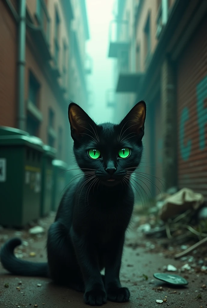 scared green eyed black cat in dead end