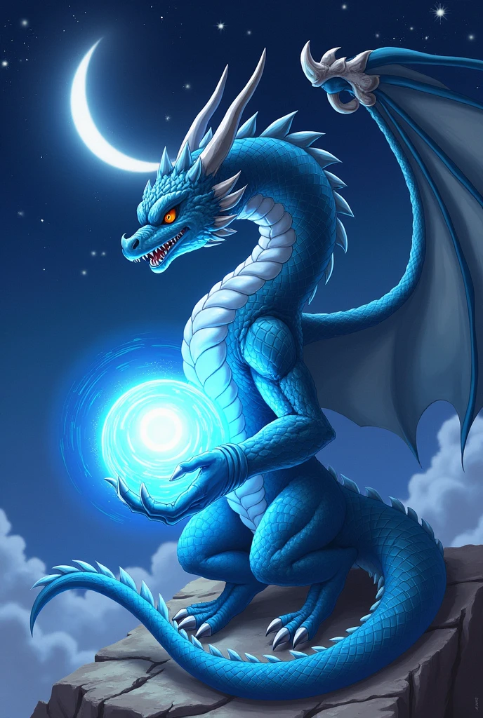 dragon ball style dragon holding a blue glowing orb with a starry sky in the background with a waning moon in the background.