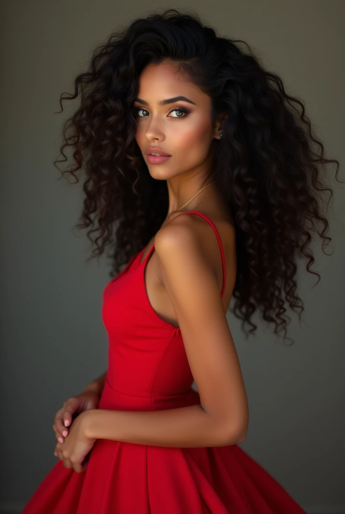 Skinny collar bones protruding perfect face ethnic woman with curly long hair in a red dress standing in a mansion rich aesthetic