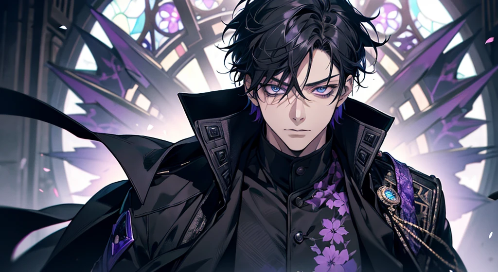 Ultra detailed, HDR, Highres, absurdres, master piece, Okkotsu Yuta, (one man), expressive blue eyes, black hair, dark circles under the eyes, Jujutsu Kaisen, black coat with patterns, black tight shirt, purple stained glass, purple ice, petals, purple ice flowers, sexy man, solo, extremely detailed face and eyes, extremely handsome, glittering, black cape,
