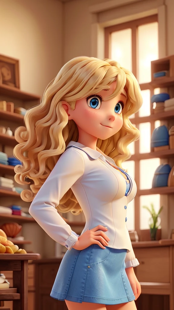 a young woman, hair down to the middle of her back, curly and blonde. she has blue eyes. She wears a blue miniskirt and white blouse. she has big breasts. She is in a chic and fine clothing store. bevery hills store.
