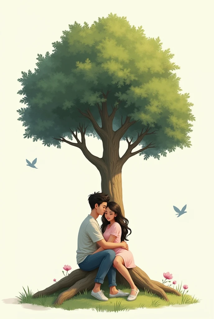 "A tree with a robust trunk and few branches, in a serene and natural environment. On the tree trunk, There is a couple of lovers lying down in a comfortable and loving way. The background is transparent."