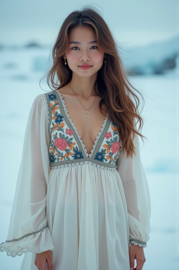 a cute woman smiling at the camera, wearing a stunning embroidered dress in Antarctica, cinematic, film grain