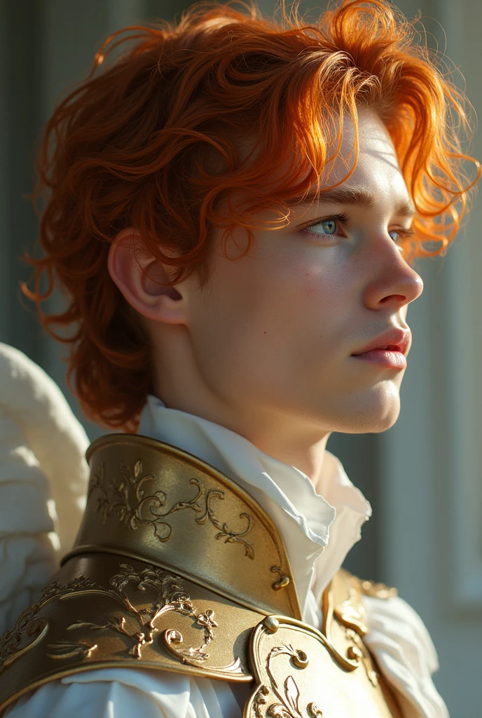  young. Porcelain skin, gray eyes like clouds. Orange and wavy hair. Silk fabrics and bronze armor. young man in profile, looking askance. of angelic beauty.