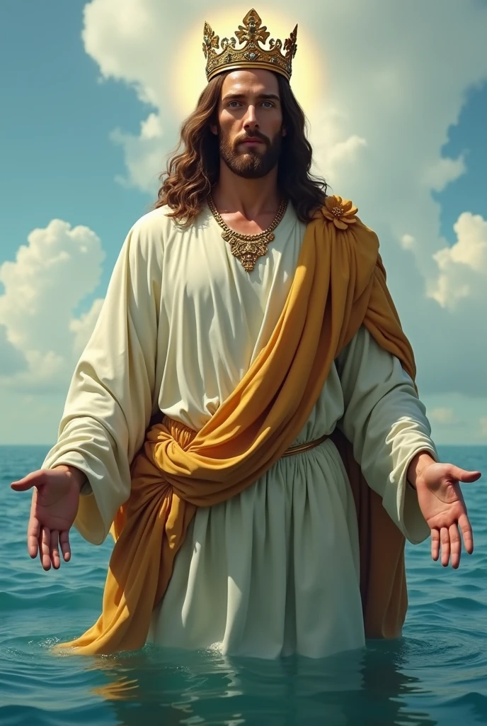 Mão perfeita 5 dedos, Portrait of a handsome Jesus Cristo wearing the king clothes with crown of king floating the toe in the water, Jesus Cristo, olhos azuis reais, dia ensolarado, detalhes intrincados.real Jesus Cristo, rosto de cabeça reta, Corpo reto.Prayer Jesus Cristo, Corpo inteiro perfeito, mãos perfeitas dedo,Prayer Jesus Cristo, praying Jesus Cristo backgrounds natural photographic. looking at the camera.