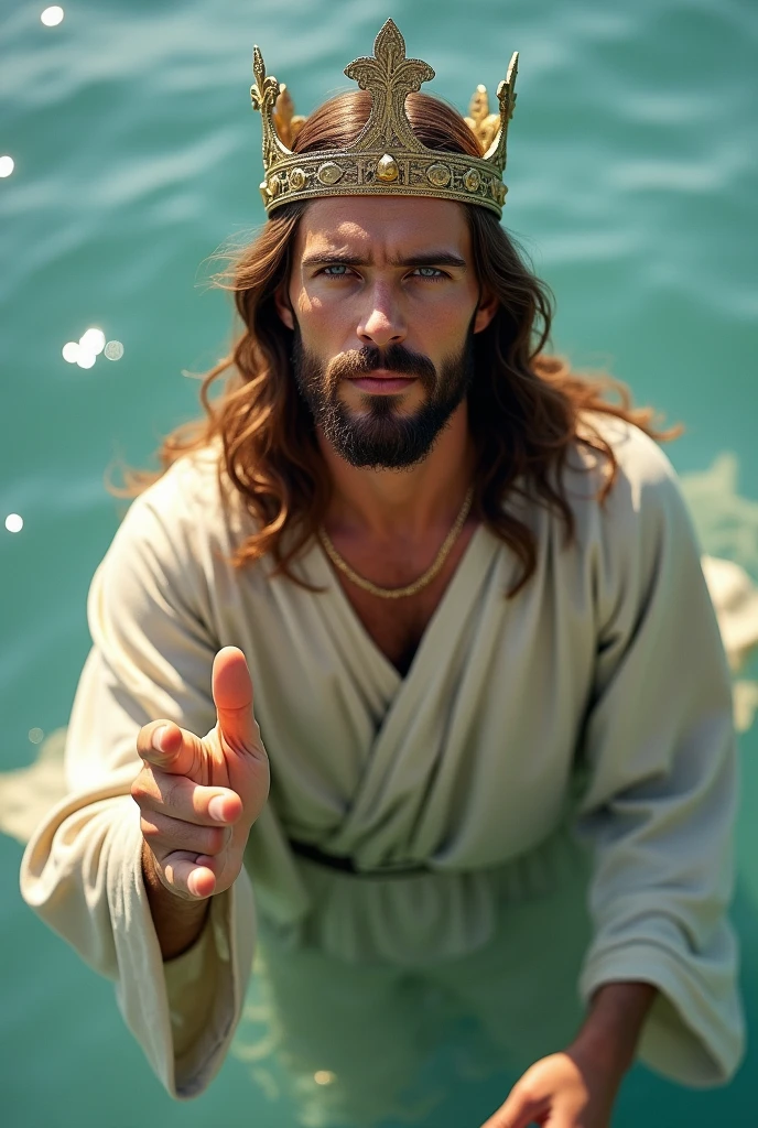 Mão perfeita 5 dedos, Portrait of a handsome Jesus Cristo wearing the king clothes with crown of king floating the toe in the water, Jesus Cristo, olhos azuis reais, dia ensolarado, detalhes intrincados.real Jesus Cristo, rosto de cabeça reta, Corpo reto.Prayer Jesus Cristo, Corpo inteiro perfeito,  mãos perfeitas dedo,Prayer Jesus Cristo, praying Jesus Cristo backgrounds natural photographic. looking at the camera.