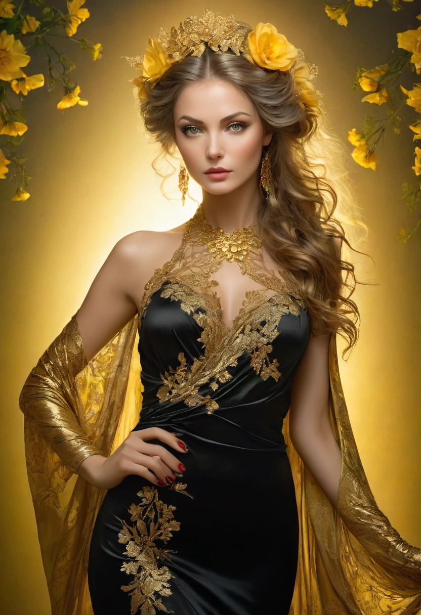 a woman in a black dress in delicate red floral, lace, detailed and intricate, posing for a photo, beautiful goddess, green eyes, karol bak uhd, jaw-dropping beauty, sexy girl, draped in gold, gray studio background, flowers, flash of yellow light in the background, light incident on the hair. Beautiful woman, with beautiful exotic woman, beautiful beautiful woman, beautiful yellow woman, wrapped in silky gold, golden goddess, jaw-dropping beauty, beautiful and beautiful, seductive lady, very beautiful woman, Nikon D7000 camera, 35mm, f16, speed 125sec, Barbara Hammer 4k