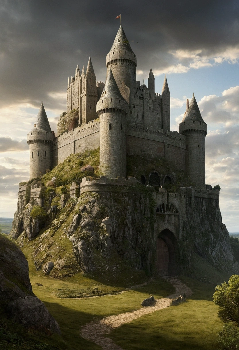 Créez des chefs-d&#39;œuvre dystopiques，Représentez une forteresse détruite dans un style artistique conceptuel de jeu réaliste.. L&#39;œuvre d&#39;art doit évoquer un sentiment de désolation et de désespoir antique , monde de Tolkien. Gardez un œil sur les subtilités des détails, netteté, et une description très détaillée de la citadelle en ruines. Inspirez-vous des styles artistiques de Wayne Barlow et Zdislav Beksiński. Livrez cette image au format d&#39;affichage vidéo, Montrez la sombre beauté de ce monde en décomposition.