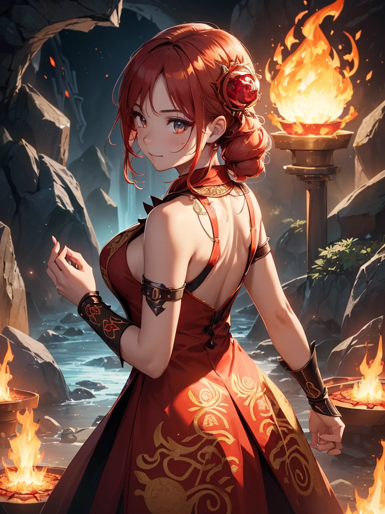 (((best quality, sharp image, clear image, cinematic lighting, 8k resolution, masterpiece, ultra detailed, intricate))) Girl, (((looking over shoulder))), shot from behind, ((half shot)), fire mage, cute, fiery red hair, pigtails in hair, (intricate dress), (white dress), ribbons in hair, smiling, fiery red, ((intricate Portal background)), ((fire magic)), candles, ((glowing runes on skin)), (flame patterns), ((fiery lotus flowers)), busy background., ((fire sigils)), (rock formations), Exploding rock, lavafalls, gauntlets, ((Red rubies)), busy background.