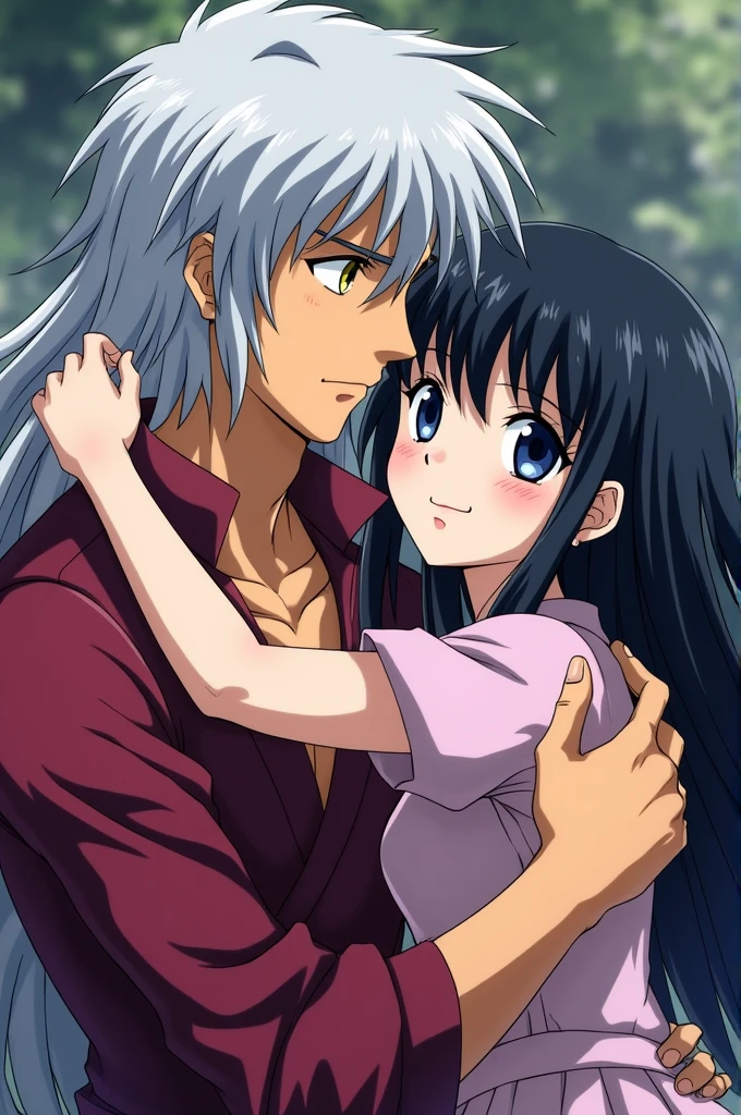 Silver-haired man with golden eyes Sesshomaru possessively hugging black-haired, blue-eyed girl Kagome Higurashi in a sensual pose