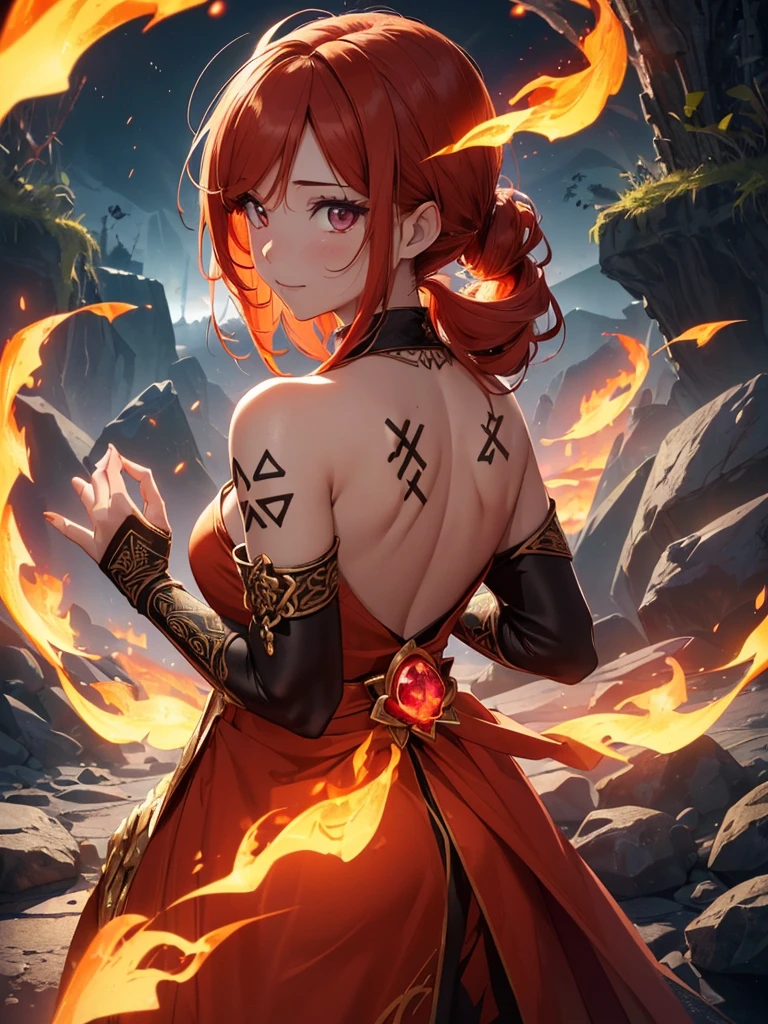 (((best quality, sharp image, clear image, cinematic lighting, 8k resolution, masterpiece, ultra detailed, intricate))) Girl, (((looking over shoulder))), shot from behind, ((half shot)), fire mage, cute, fiery red hair, pigtails in hair, (intricate dress), (white dress), ribbons in hair, smiling, fiery red, ((intricate Portal background)), ((fire magic)), candles, ((glowing runes on skin)), (flame patterns), ((fiery lotus flowers)), busy background., ((fire sigils)), (rock formations), Exploding rock, lavafalls, gauntlets, ((Red rubies)), busy background.