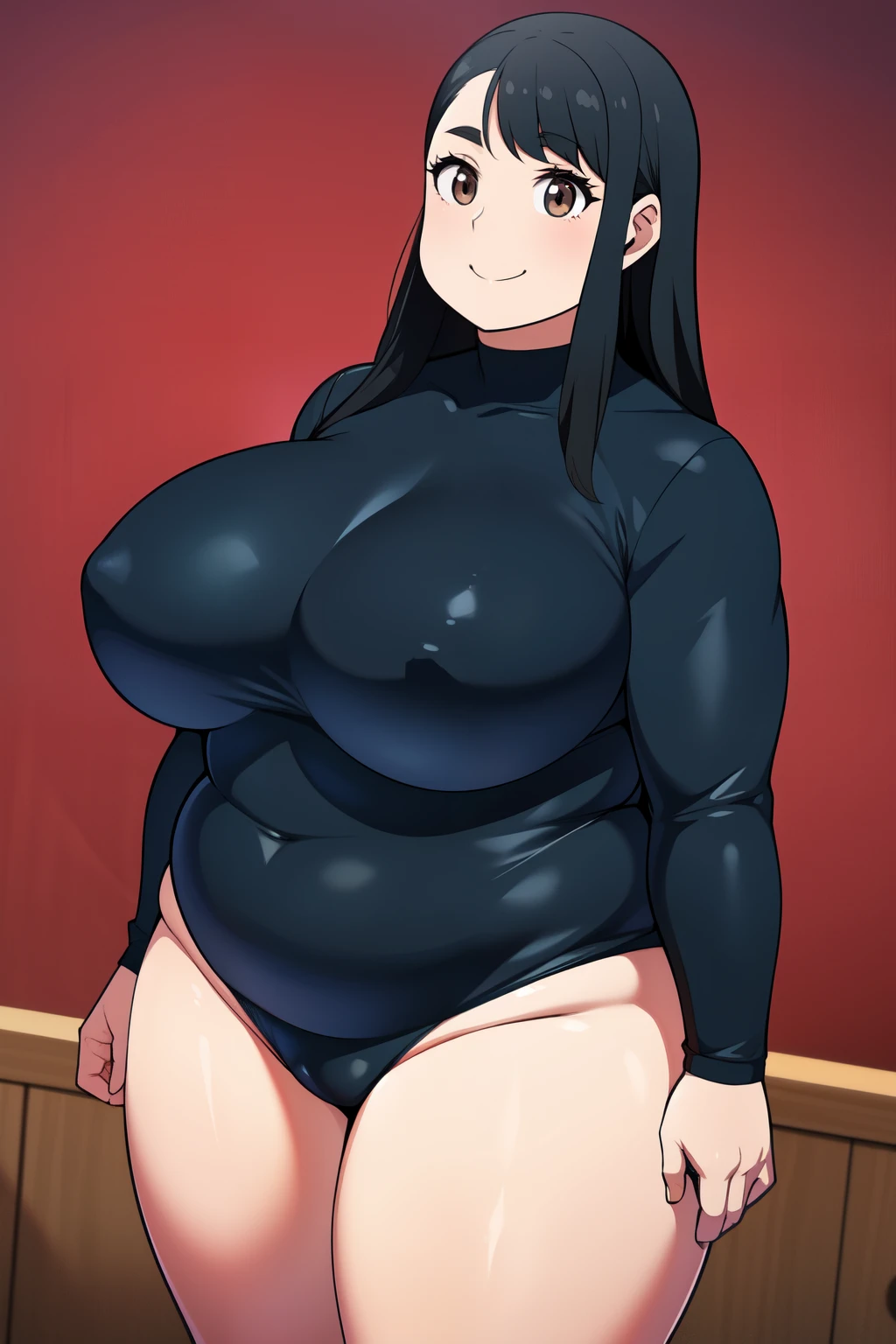 Plump year 21 big breasts black hair brown eyes chubby smile bear girl black leotard longer hair