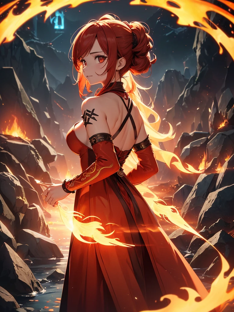 (((best quality, sharp image, clear image, cinematic lighting, 8k resolution, masterpiece, ultra detailed, intricate))) Girl, (((looking over shoulder))), shot from behind, ((half shot)), fire mage, cute, fiery red hair, pigtails in hair, (intricate dress), (white dress), ribbons in hair, smiling, fiery red, ((intricate Portal background)), ((fire magic)), candles, ((glowing runes on skin)), (flame patterns), ((fiery lotus flowers)), busy background., ((fire sigils)), (rock formations), Exploding rock, lavafalls, gauntlets, ((Red rubies)), busy background.