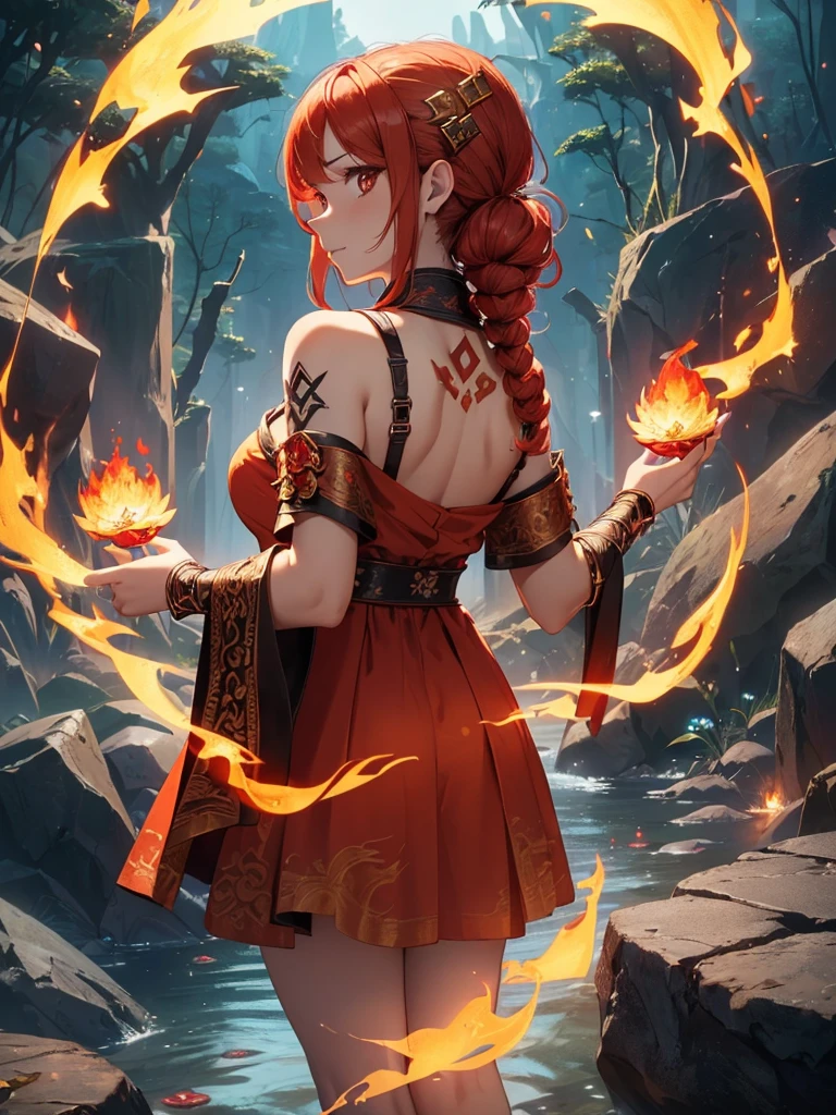 (((best quality, sharp image, clear image, cinematic lighting, 8k resolution, masterpiece, ultra detailed, intricate))) Girl, (((looking over shoulder))), shot from behind, ((half shot)), fire mage, cute, fiery red hair, pigtails in hair, (intricate dress), (white dress), ribbons in hair, smiling, fiery red, ((intricate Portal background)), ((fire magic)), candles, ((glowing runes on skin)), (flame patterns), ((fiery lotus flowers)), busy background., ((fire sigils)), (rock formations), Exploding rock, lavafalls, gauntlets, ((Red rubies)), busy background.