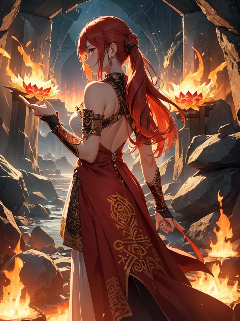 (((best quality, sharp image, clear image, cinematic lighting, 8k resolution, masterpiece, ultra detailed, intricate))) Girl, (((looking over shoulder))), shot from behind, ((half shot)), fire mage, cute, fiery red hair, pigtails in hair, (intricate dress), (white dress), ribbons in hair, smiling, fiery red, ((intricate Portal background)), ((fire magic)), candles, ((glowing runes on skin)), (flame patterns), ((fiery lotus flowers)), busy background., ((fire sigils)), (rock formations), Exploding rock, lavafalls, gauntlets, ((Red rubies)), busy background.
