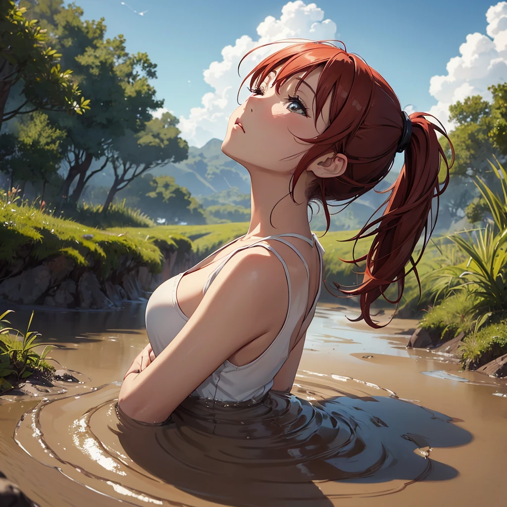 1girl, solo:1.5, masterpiece, best quality, high res, highly detailed, (illustration), beautiful detailed eyes, yuigahama yui, red hair ponytail, glossy lips, light makeup, orgasm, (looking up to the sky:1.5), intimate moment, green tank top, cleavage, (quicksand:1.4), (from side:1.4), bog, swampy, grassy, (eyes closed:1.3), gasping