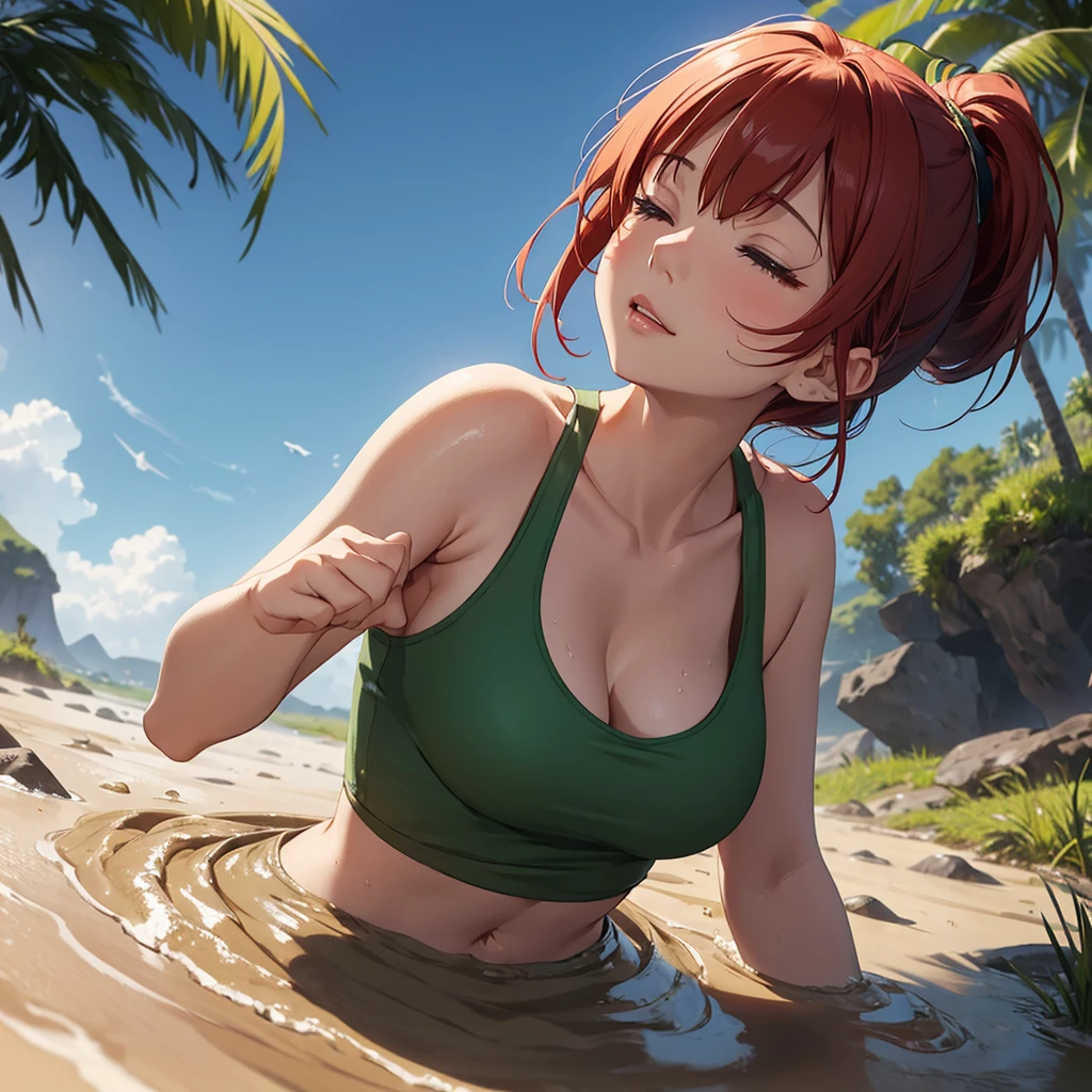 1girl, solo:1.5, masterpiece, best quality, high res, highly detailed, (illustration), beautiful detailed eyes, yuigahama yui, red hair ponytail, glossy lips, light makeup, orgasm, (looking up to the sky:1.5), intimate moment, green tank top, cleavage, (quicksand:1.4), (from side:1.4), bog, swampy, grassy, (eyes closed:1.3), gasping