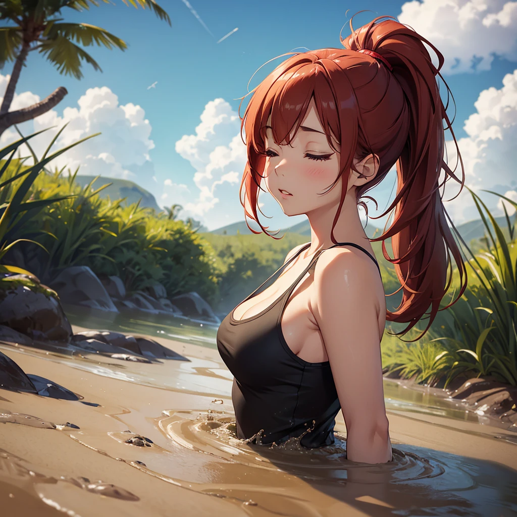 1girl, solo:1.5, masterpiece, best quality, high res, highly detailed, (illustration), beautiful detailed eyes, yuigahama yui, red hair ponytail, glossy lips, light makeup, orgasm, (looking up to the sky:1.5), intimate moment, green tank top, cleavage, (quicksand:1.4), (from side:1.4), bog, swampy, grassy, (eyes closed:1.3), gasping