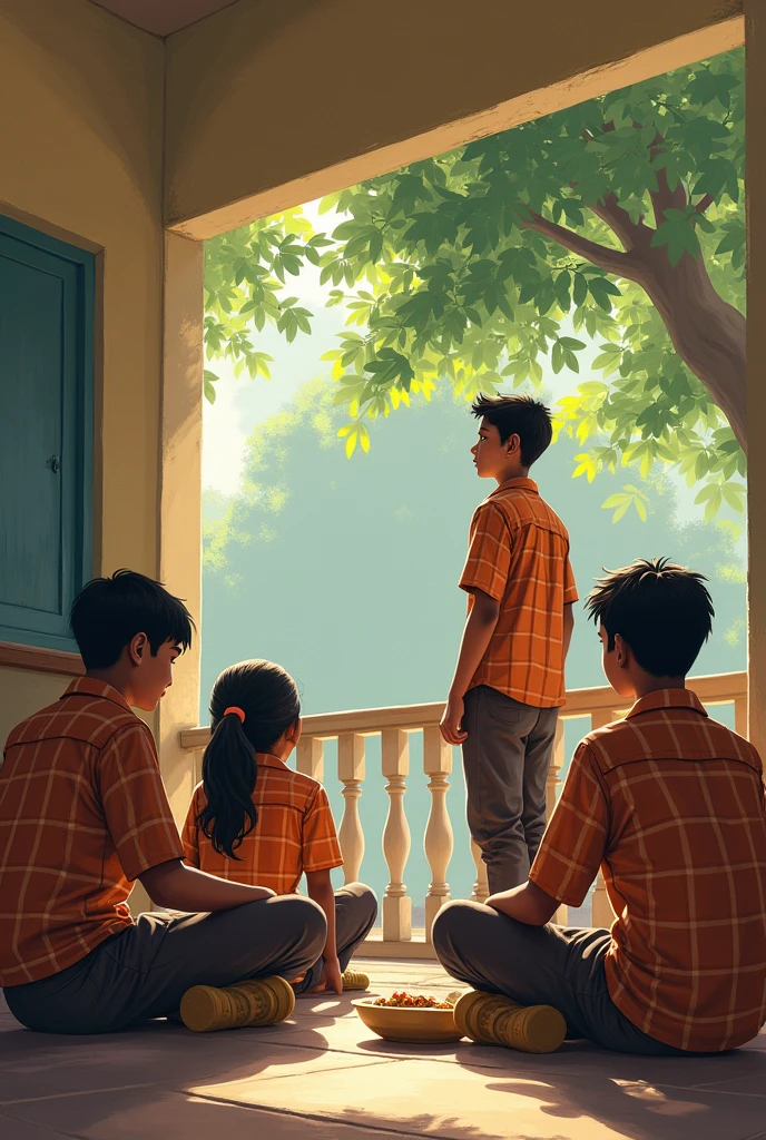 One day 12th class boys were sitting in varanda during lunch time one boy lite brown smart haircut saw a girl for the time uniform colour shirt checked orange brown and pant brown same pattern to girls amphron she were eating foods the boy sitting in varanda of the classroom centre ground with leaf of the tree opposite varanda she sitting with group of girls realistic tamilnadu