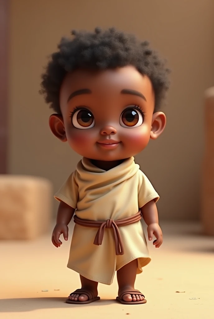 3d illustration of a  , 1 yearrk-skinned, chubby cheeks, eyes browns, rosto comprido, salient head, few curly hairs, slight smile on your face, with clothes from biblical times, standing with leather sandals