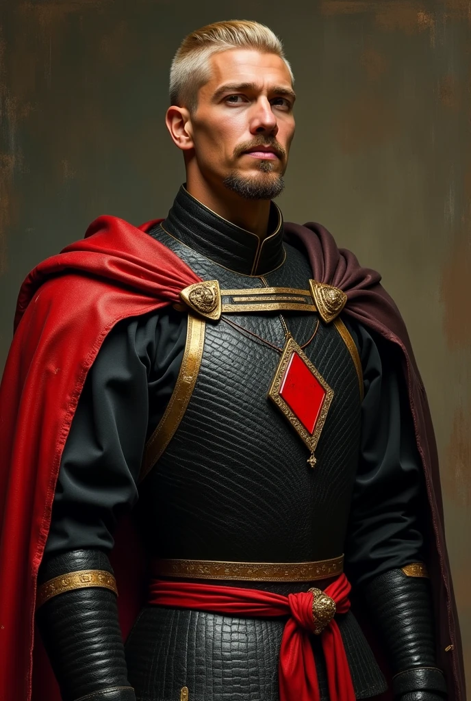 {{Masterpiece, best quality, realistic oil painting, by Gustav Klimt, by Franz von Stuck, by Théodore Géricault, muted colors, male focus}}, (((dramatic half body portrait of a 25 years old male ancient Emperor, solemn, valiant, upright, brown skin, blonde, smiling, goatee, buzzcut, kohl painted eyes))). ((he is wearing a black and red, iridescent silk draped, ronin uniform, armor lorica, made of sheen alligator leather, with Praetorian inspired elements, shogun inspired elements, wearing a large red diamond shape pendant)).