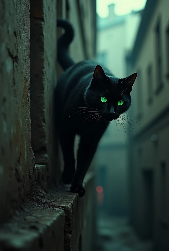 black cat with green eyes walking along walls