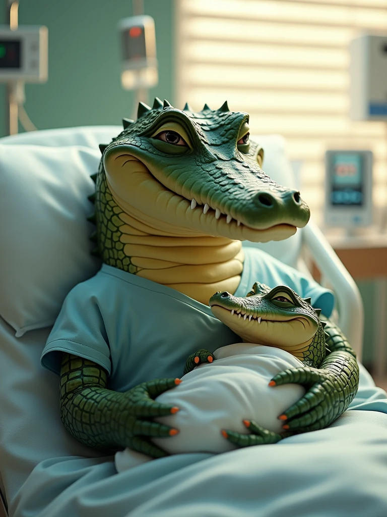 "Create a surreal and heartwarming scene where a large anthropomorphic crocodile lies in a hospital bed. The crocodile is dressed in a patient's gown, and it has a peaceful, content expression. The crocodile is holding a smaller, baby crocodile wrapped in a soft white blanket in its arm, as if in a tender, parental embrace. The hospital room is softly lit with natural light streaming through partially closed blinds. Medical equipment, including an IV drip and monitoring devices, is visible in the background, adding to the hospital setting. The overall mood of the image should convey care, warmth, and a subtle sense of surrealism."