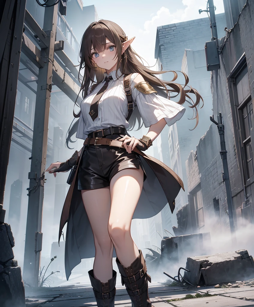 Dance、Artistic leaps、break Dance、Strenuous movements、ruined buildings、Old Western style cityscape、Cracked concrete walls、wall art、Cracked bricks、only、Flying hair、Beautiful women, a small face、white-skinned, 、She has long, loose brown hair., Your elven ears, enhancing your ethereal beauty. She wears traditional elven garb: a simple white short sleeve blouse, plain brown leather gloves, medieval style brown leather shorts and boots that tie just below the knee with a buckle. Two belts with buckles accentuate your outfit、(Finger、Precision、5This refers to)(masseter part:1.3)、(in 8K、Maximum quality: 1.4、Masterpiece artwork、 Ultra high definition、 maximum resolution,、highy detailed、 professional lighting、 Lighting with gray light、low angle from below、Blowing steam across the landscape、Fog in the landscape、misty、