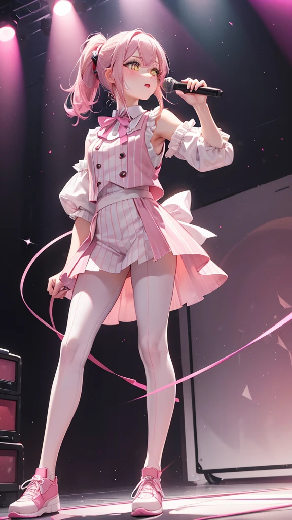 ((Best quality)), ((masterpiece)), (detailed), 1 man, white fluffy shoulder length hair tied in a ponytail with a pink ribbon, yellow pupils, red light blush, soft red lipstick, Pink shadows, eyelashes, pale skin, dressed in a white shirt, pink vest with purple vertical stripes, light pink pants, Men's shoes. Standing on stage, holds a microphone in his hand. Pink glitter, Spotlight