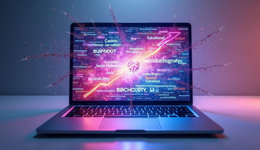 A visual representation of a text prompt transforming into a vibrant image. The image should show a keyboard with words floating above it, morphing into a colorful, dynamic picture on a screen. The background is minimalistic, focusing on the transformation.