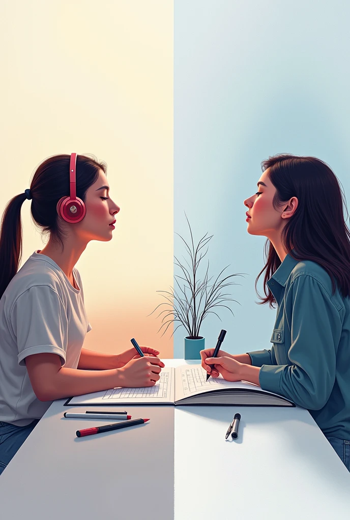 a horizontal image on one side things about listening to music and on the other side things about drawings
