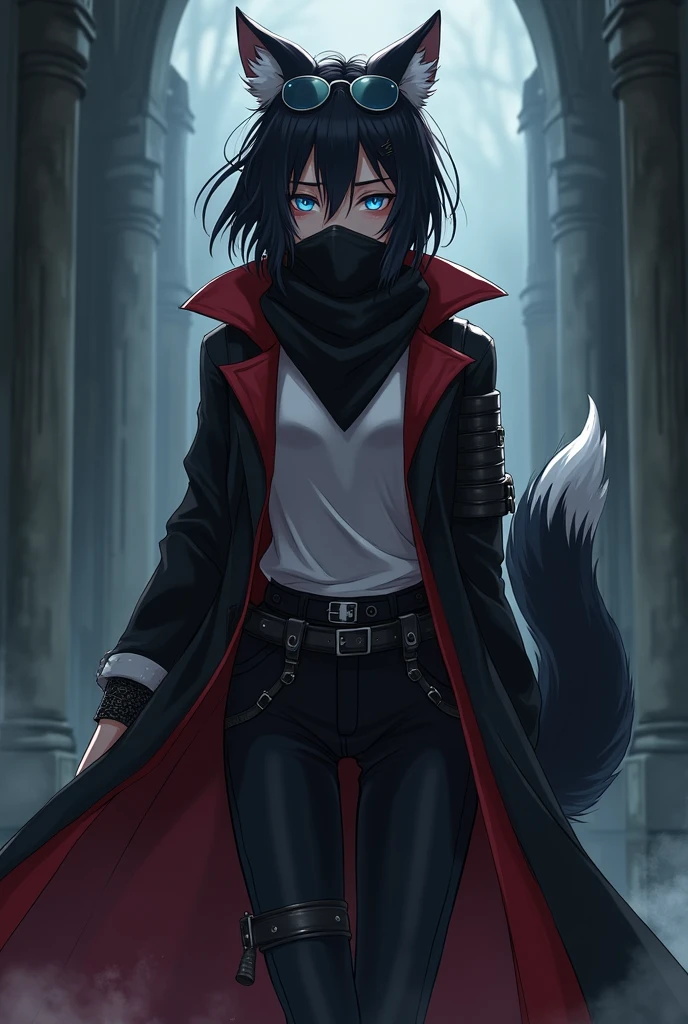 ((masterpiece, Anime)) Wolf girl, 24 years, long wolf's tail, female, Short black hair with white tips, handsome, slender, dark priest with balck and red open long coat, blue eyes, cultist, solo, one character, Long clothes. Black bandana covering the mouth and reinforced pants in colors that match the outfit. White armband, Sunglasses with round lenses on her nose. Evil smile.