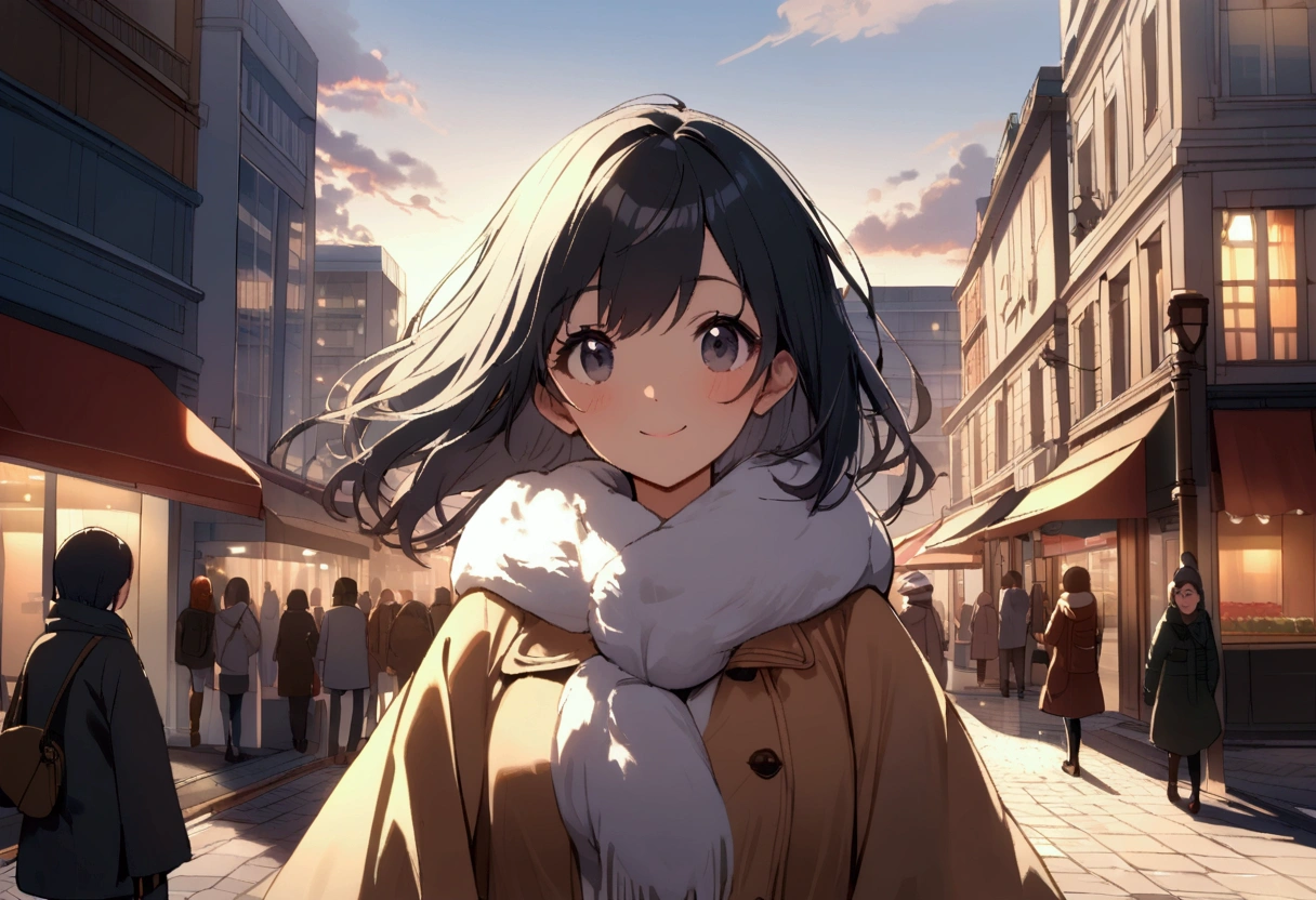 (morning), 1 Girl, solo, Looking at the audience, winter, Cowboy shooting, (city center), Cowboy shooting, Smile, Black Hair