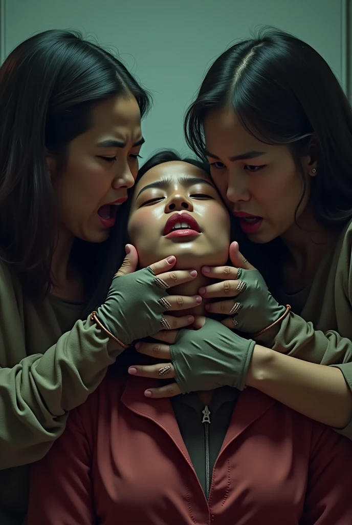 two Indonesian female teachers wearing fingernail gloves were strangling a woman's neck
